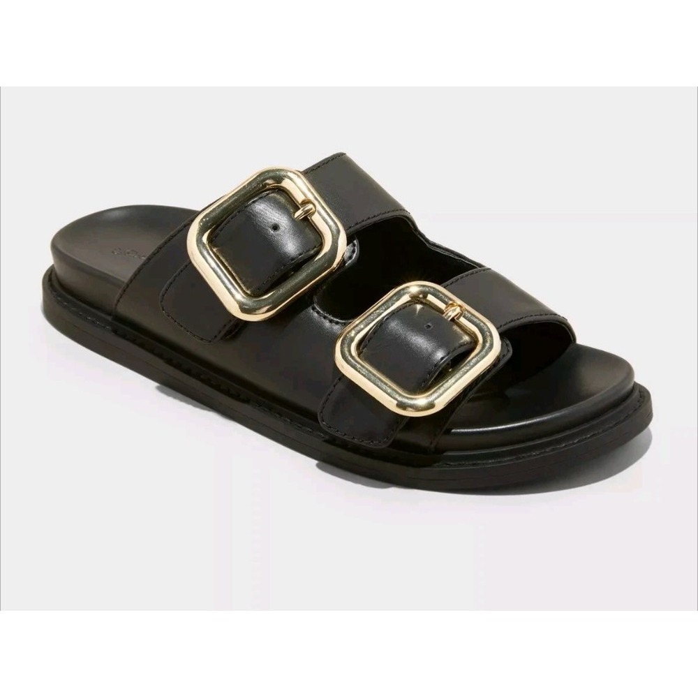 NEW Universal Thread Womens Collin Bone Double Buckle Footbed Sandals BLACK 7